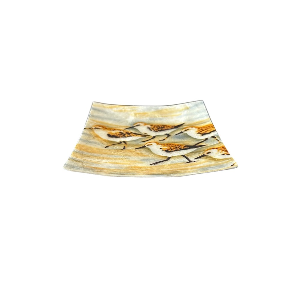 Square Capiz Shell Trinket Tray Featuring A Painted Sandpiper Design.